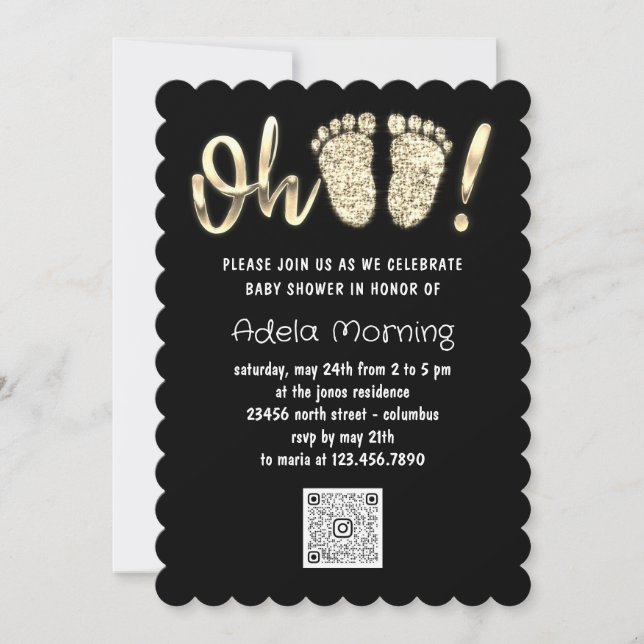Gold Glitter Feet Baby Girl Boy QR CODE Black Invitation (Front)