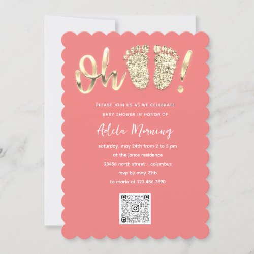 Gold Glitter Feet Baby Girl Boy QR CODE Coral  Invitation