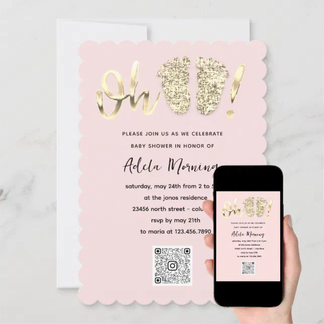 Gold Glitter Feet Baby Girl Boy Qr Code Powder Invitation Zazzle