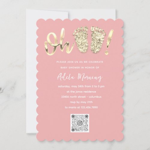 Gold Glitter Feet Baby Girl Boy QRCODE Rose Invitation