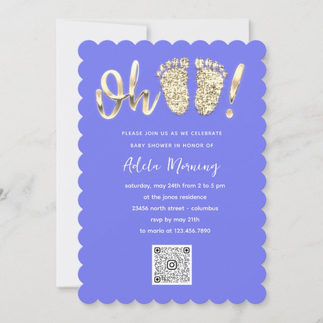 Gold Glitter Feet Baby Girl QR CODE Blue Baby  Invitation (Front)