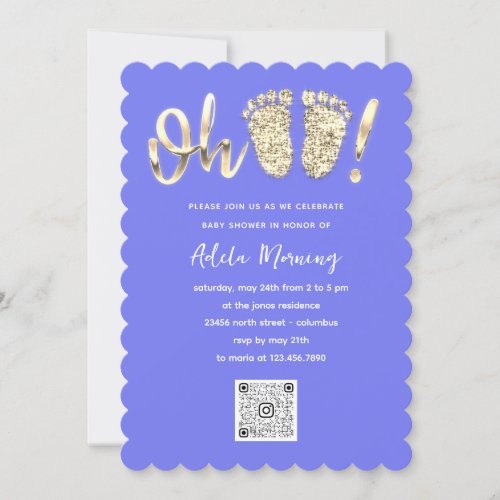 Gold Glitter Feet Baby Girl QR CODE Blue Baby  Invitation