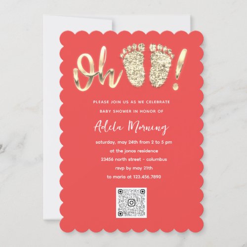 Gold Glitter Feet Baby Girl QR CODE Coral Orange Invitation