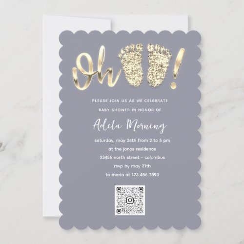 Gold Glitter Feet Baby Girl QR CODE Gray Grey Invitation