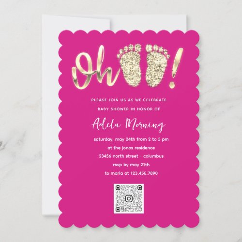 Gold Glitter Feet Baby Girl QR CODE Pink  Invitation