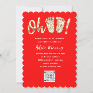 Gold Glitter Feet Baby Girl QR CODE Red White Invitation