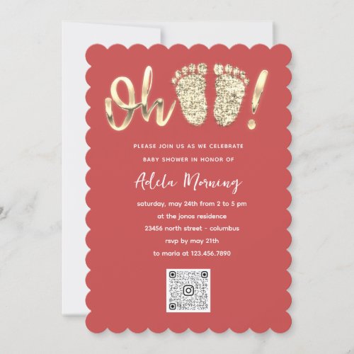 Gold Glitter Feet Baby Girl QR CODE Rose White  Invitation