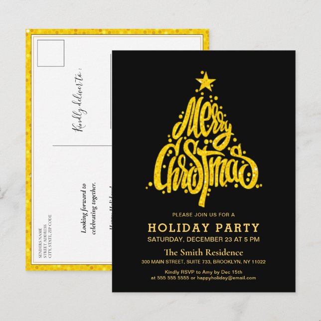 Gold Glitter Festive Black Christmas Holiday Party Invitation Postcard (Front/Back)