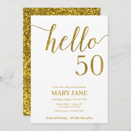 Gold Glitter Fiftieth Birthday Hello 50 Invitation