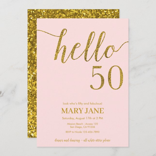Gold Glitter Fiftieth Birthday Hello 50 Invitation (Front/Back)