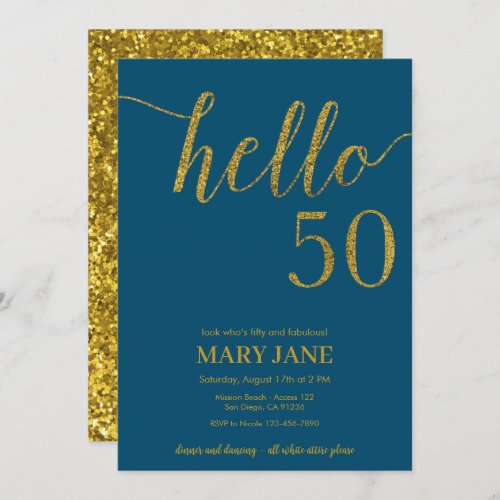 Gold Glitter Fiftieth Birthday Hello 50 Invitation