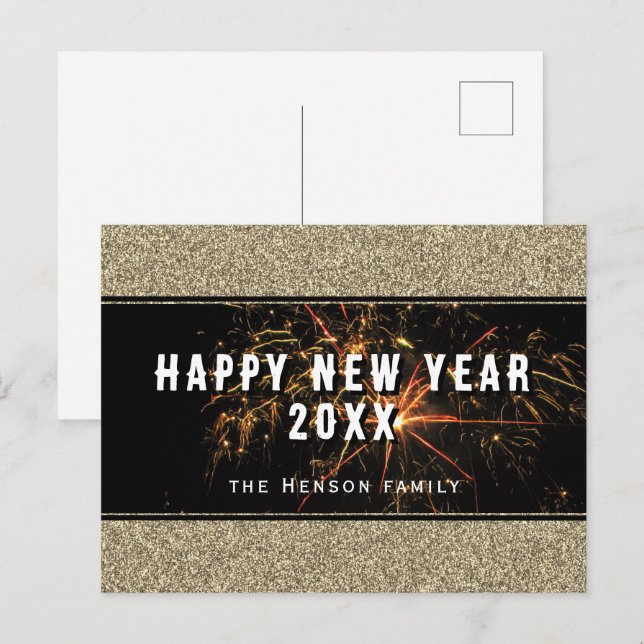 Gold Glitter Fireworks Happy New Year 2023 Holiday Postcard (Front/Back)