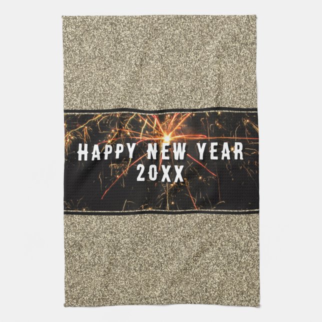Gold Glitter Fireworks Happy New Year 2023 Kitchen Towel (Vertical)
