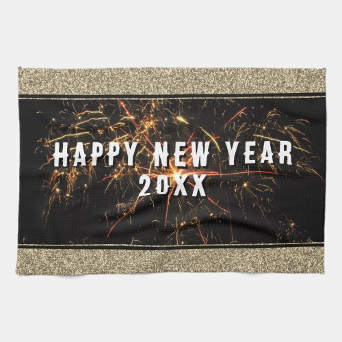 Gold Glitter Fireworks Happy New Year 2023  Kitchen Towel