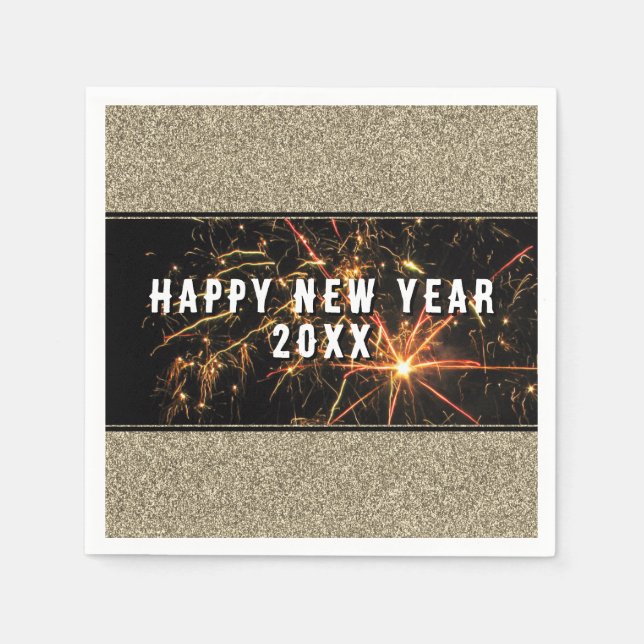 Gold Glitter Fireworks Happy New Year 2023 Party  Napkins (Front)