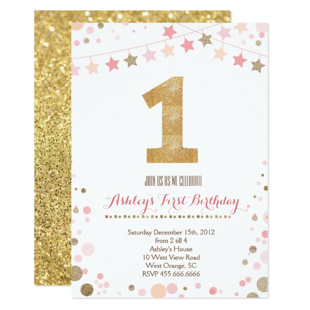 Gold Glitter First  Birthday Invitation