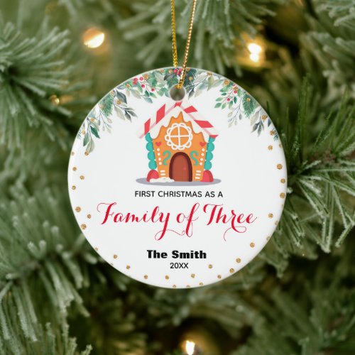 Gold Glitter First Christmas as a Family of Three Ceramic Ornament