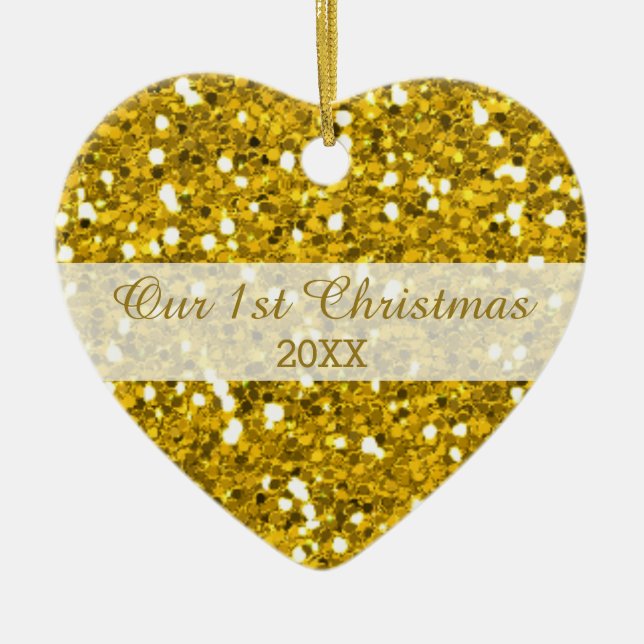 Gold Glitter First Christmas Couple Photo Ceramic Ornament (Front)