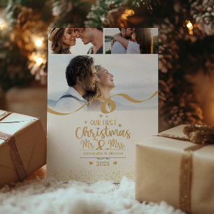 Gold Glitter First Christmas Vertical 3 Photo Holiday Card