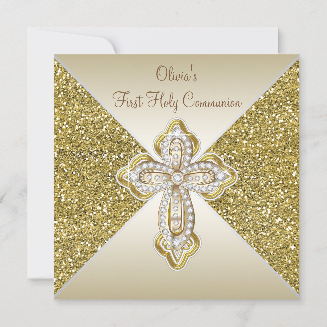 Gold Glitter First Communion Invitation | Zazzle