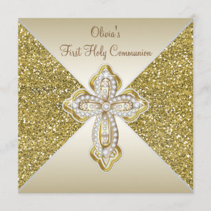 Gold Glitter First Communion Invitation