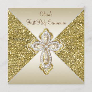 Gold Glitter First Communion Invitation by InvitationCentral at Zazzle
