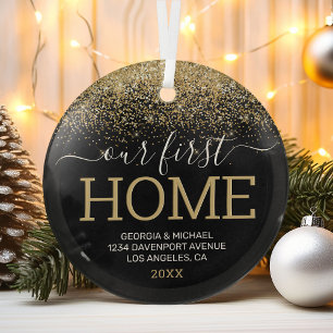 Gold Glitter First Home Personalized Christmas Glass Ornament