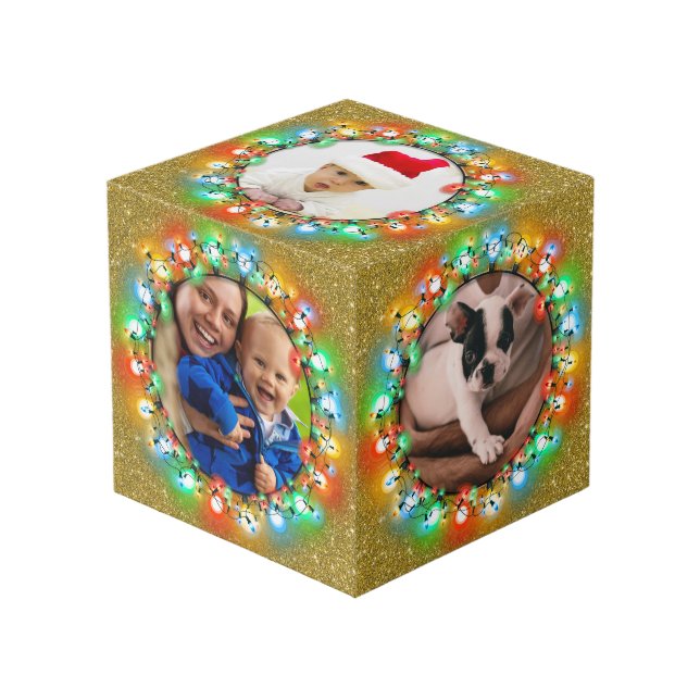 Gold Glitter Five Photo Christmas Holiday Pictures Cube (Front Angled)