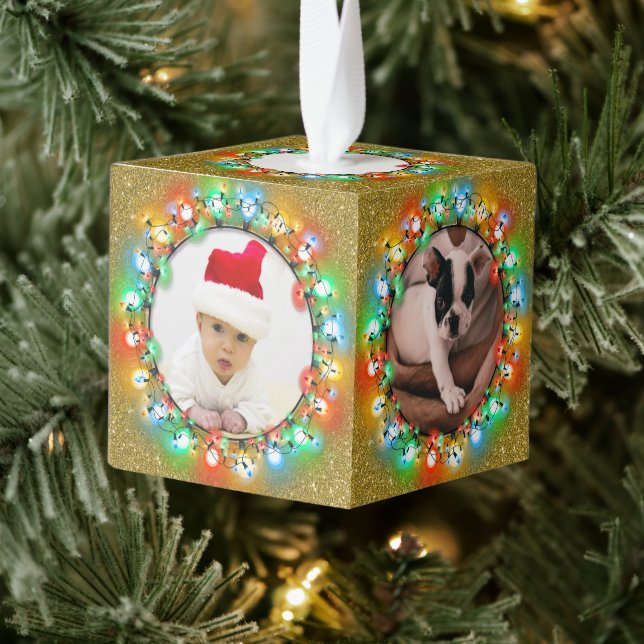 Gold Glitter Five Photo Christmas Holiday Square Cube Ornament (Tree)