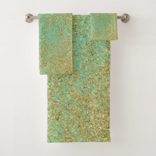 Gold Glitter Flecks Teal Aqua Glam Modern Girly Bath Towel Set