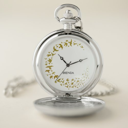 Gold Glitter Flok Of Flying Birds Pocket Watch