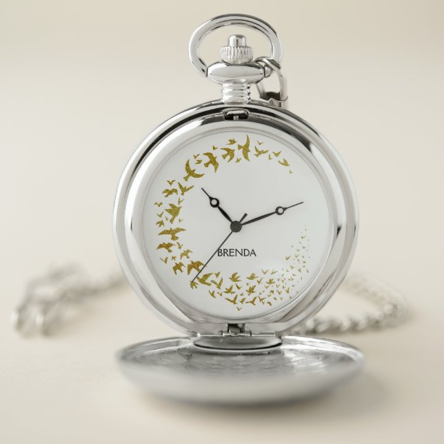 Gold Glitter Flok Of Flying Birds Pocket Watch (Inside)