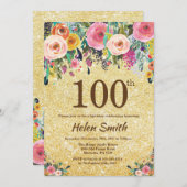 Gold Glitter Floral 100th Birthday Invitation (Front/Back)