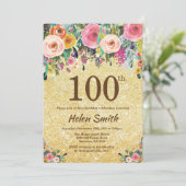 Gold Glitter Floral 100th Birthday Invitation (Standing Front)