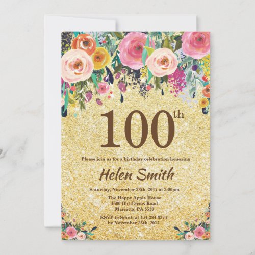 Gold Glitter Floral 100th Birthday Invitation