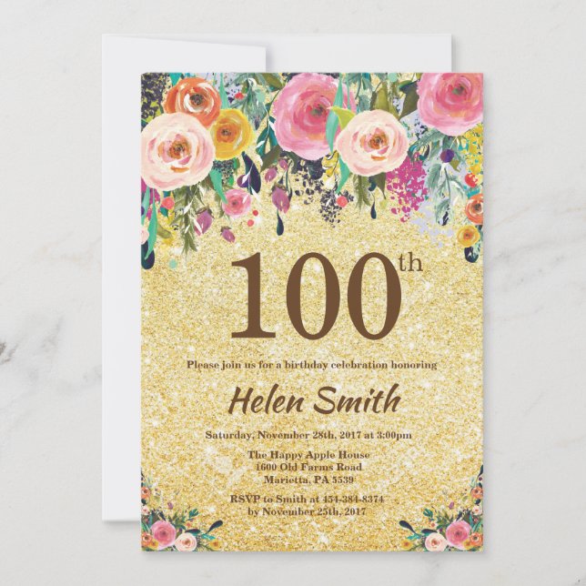 Gold Glitter Floral 100th Birthday Invitation (Front)