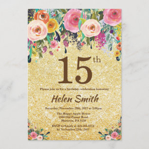 Gold Glitter Floral 15th Birthday Invitation