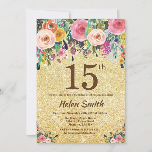 Gold Glitter Floral 15th Birthday Invitation