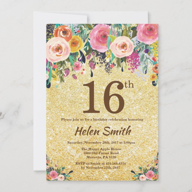 Gold Glitter Floral 16th Birthday Invitation (Front)
