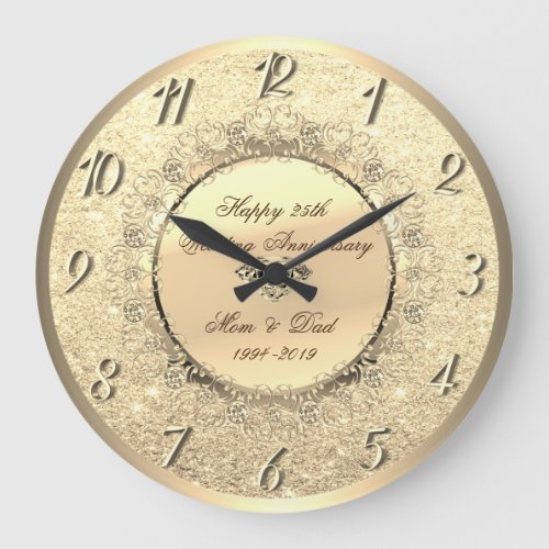 Gold Glitter  Floral 25th Wedding Anniversary Large Clock