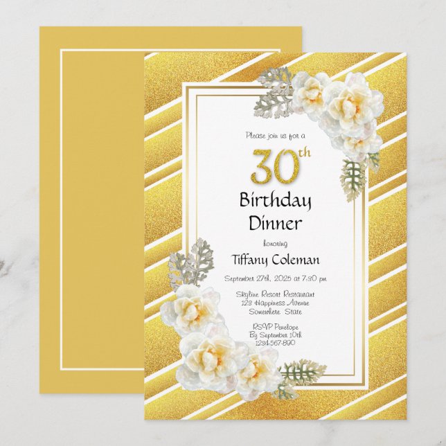Gold Glitter Floral 30th Birthday Dinner Party Invitation (Front/Back)