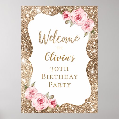 Gold glitter floral 30th birthday welcome sign