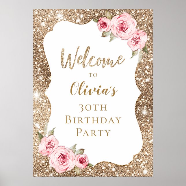 Gold glitter floral 30th birthday welcome sign (Front)