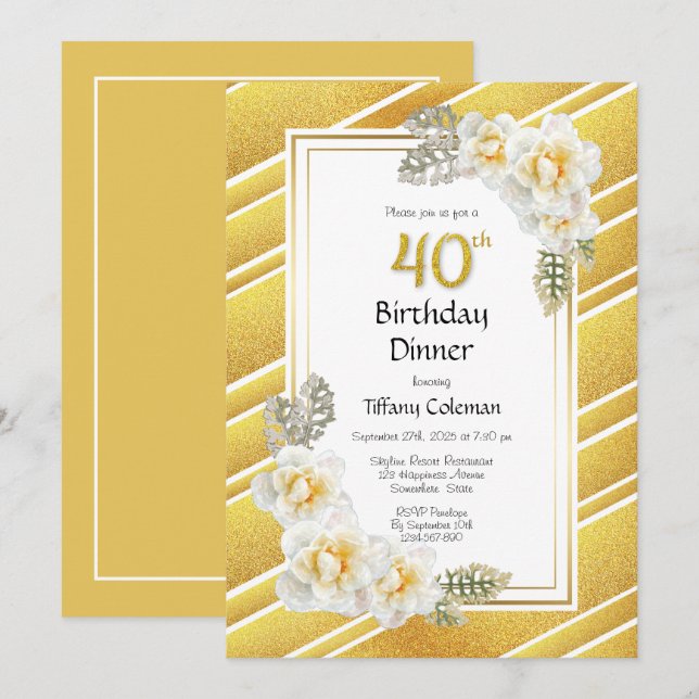 Gold Glitter Floral 40th Birthday Dinner Party Invitation (Front/Back)