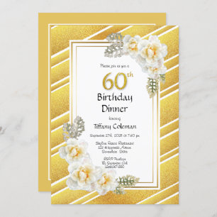 Gold Glitter Floral 60th Birthday Dinner Party Invitation