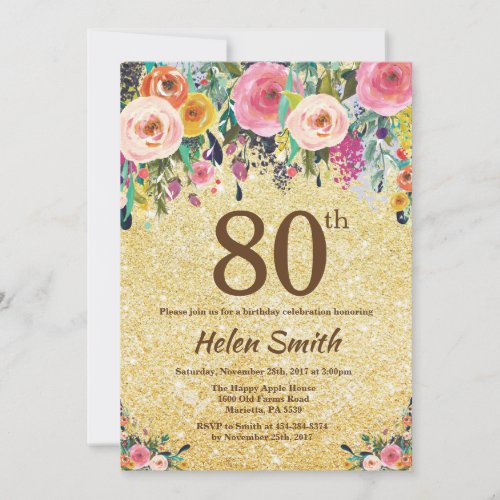 Gold Glitter Floral 80th Birthday Invitation
