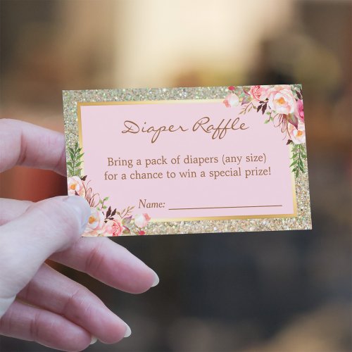 Gold Glitter Floral Baby Shower Diaper Raffle Card