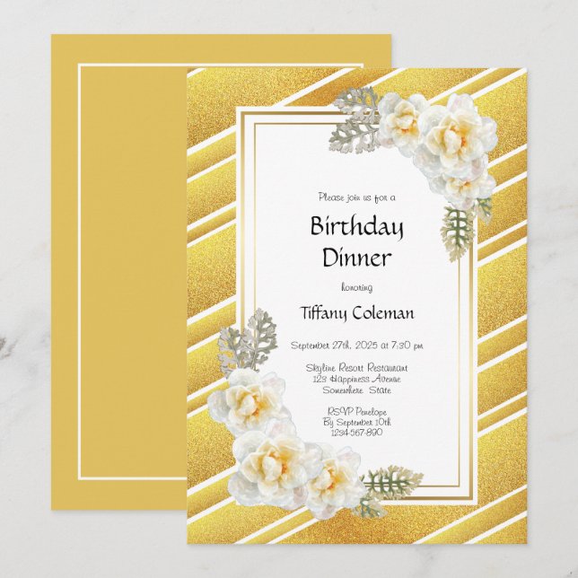 Gold Glitter Floral Birthday Dinner Party Invitation (Front/Back)
