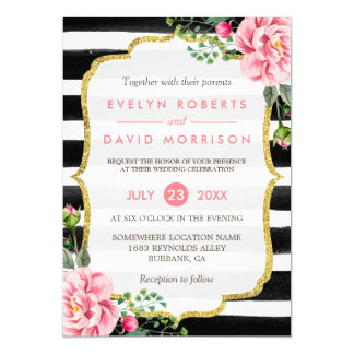 Gold Pink Stripe Wedding Invitations Announcements Zazzle Gold Glitter Fl Black White Stripes Wedding Card