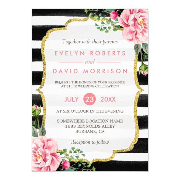 Gold Glitter Floral Black White Stripes Wedding Invitation